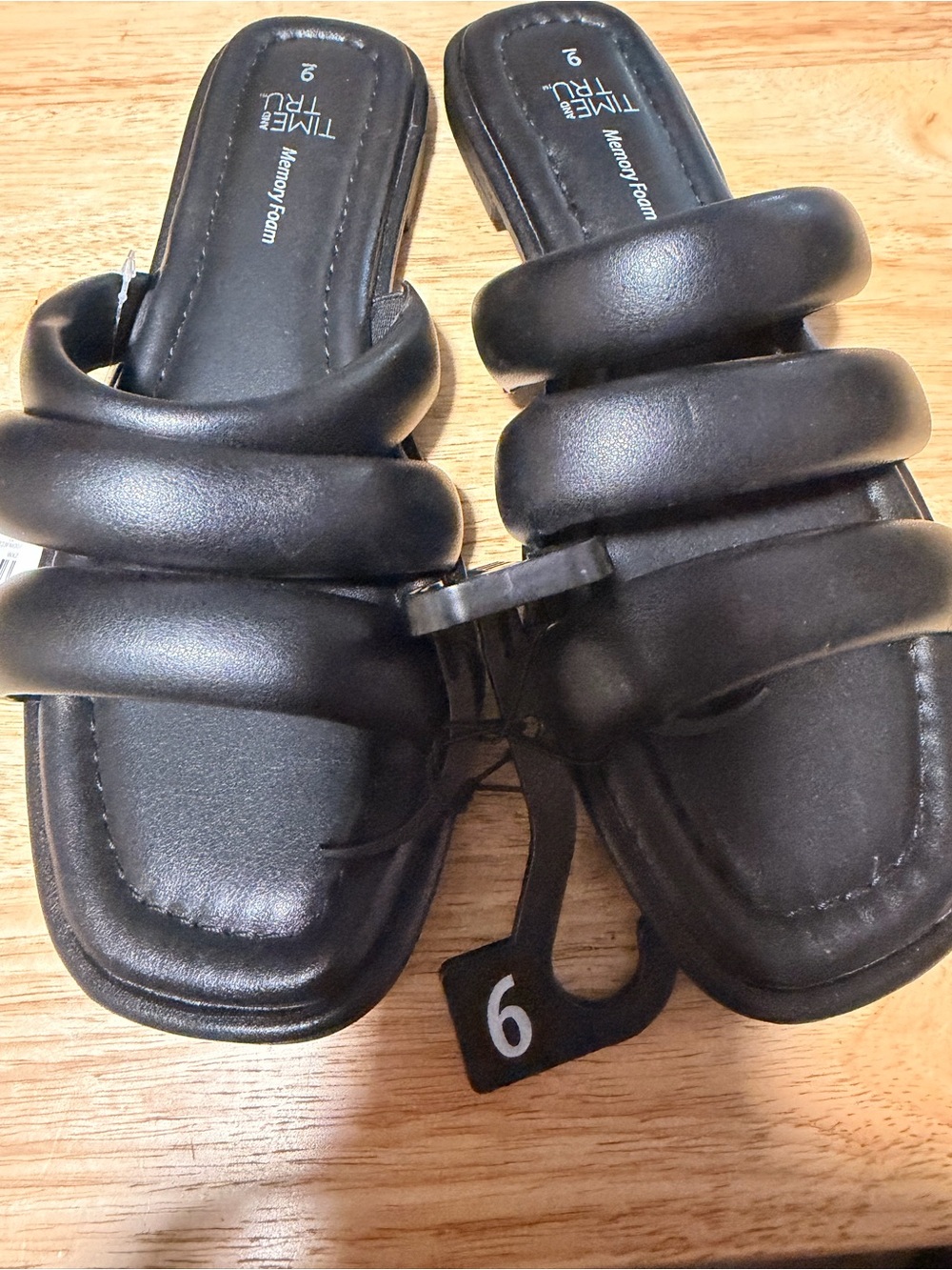 Time and Tru Black Padded Triple-Strap Slide Sandals